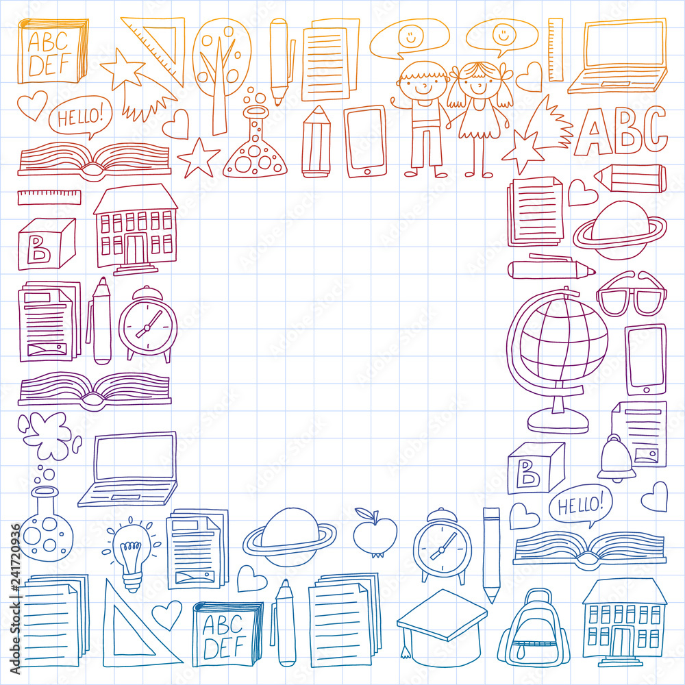 Vector set of secondary school icons in doodle style. Painted, colorful, gradient, on a sheet of checkered paper on a white background.