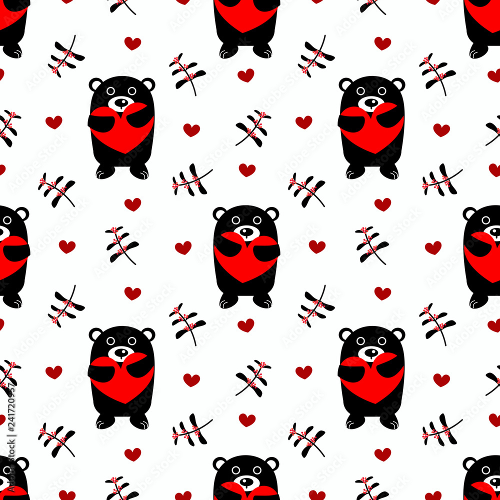 Cute black bear hold red heart seamless pattern. Cute black bear hold red heart seamless pattern.