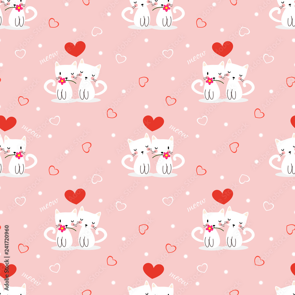 Cute white cat in love symbol seamless pattern.