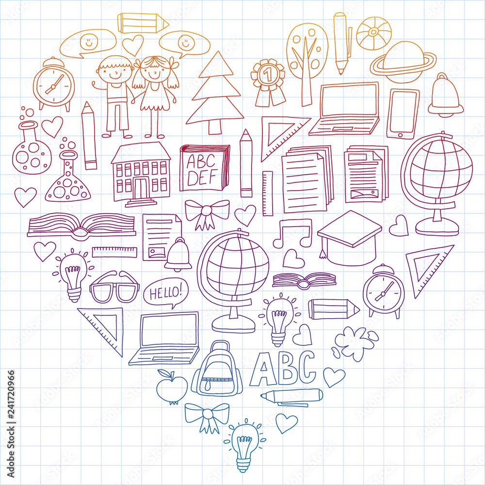 Vector set of secondary school icons in doodle style. Painted, colorful, gradient, on a sheet of checkered paper on a white background.