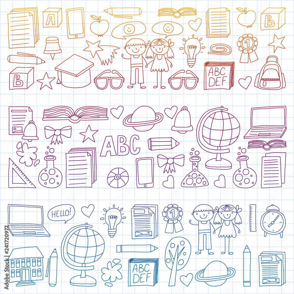 Vector set of secondary school icons in doodle style. Painted, colorful, gradient, on a sheet of checkered paper on a white background. Vector set of secondary school icons in doodle style. Painted, colorful, gradient, on a sheet of checkered paper on a white background.