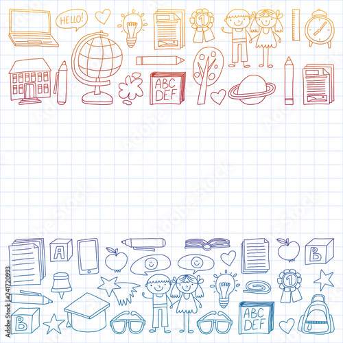 Vector set of secondary school icons in doodle style. Painted  colorful  gradient  on a sheet of checkered paper on a white background.