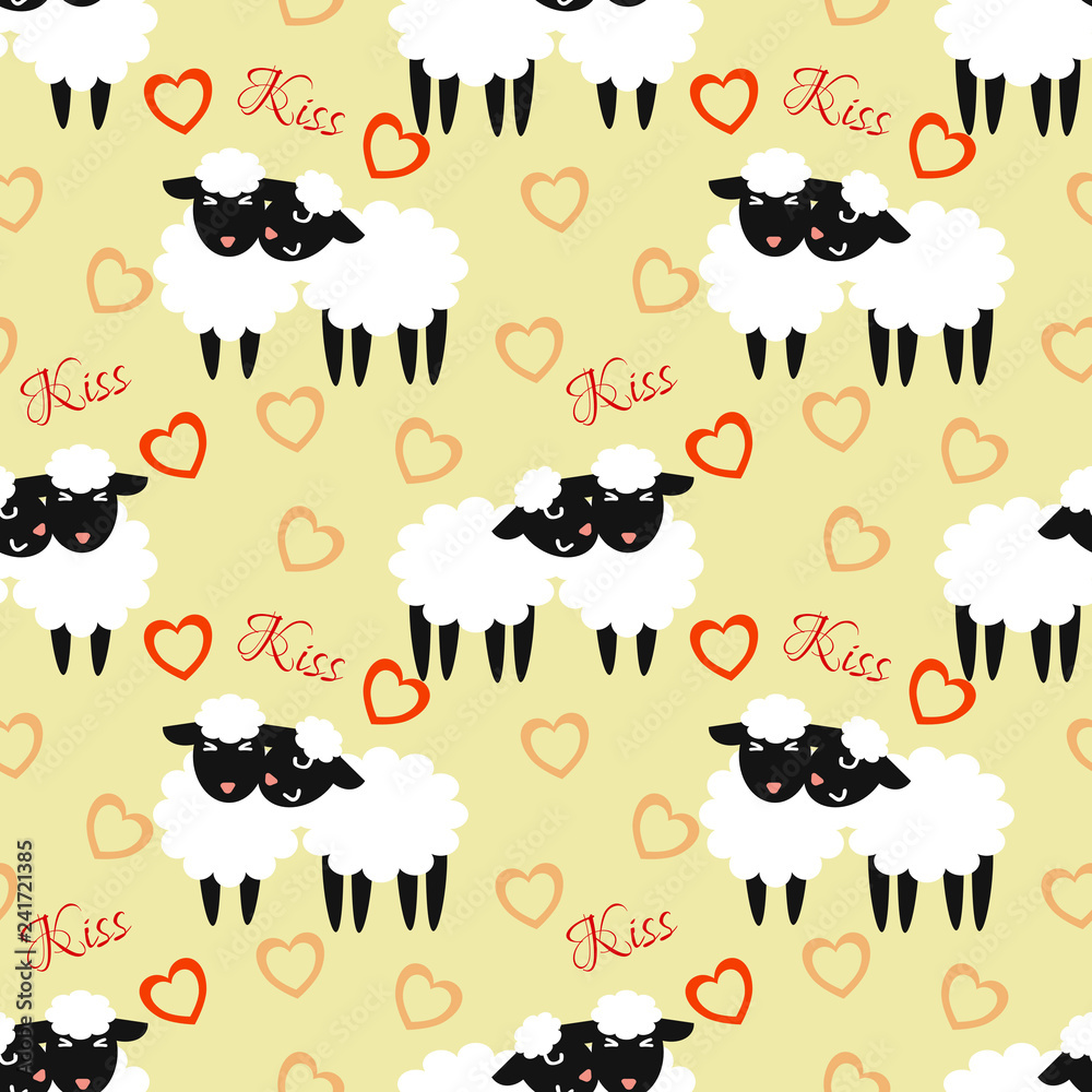 Cute black sheep is kissing seamless pattern.