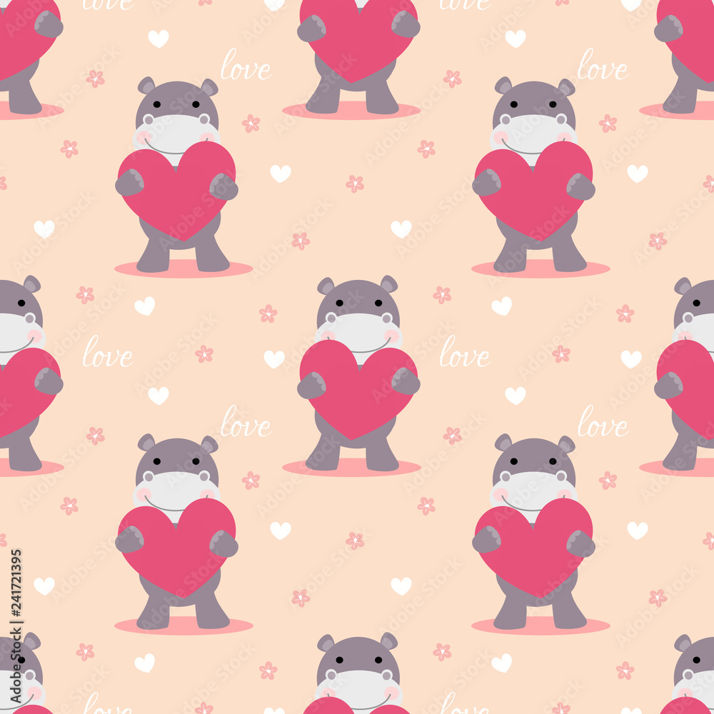 Cute hippo hold a pink heart seamless pattern.