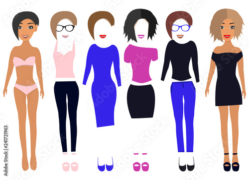 Paper Doll with different dresses. Dress up paper doll in dresses, pants, t-shirt, shoes, glasses, underwear and and change hair and lips. Vector illustration.
