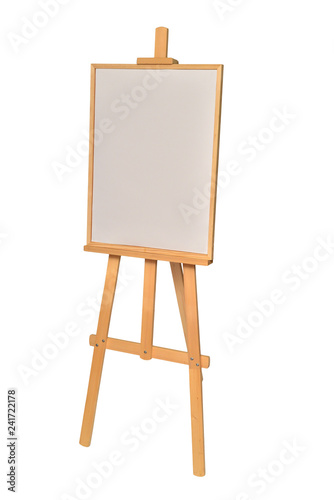 Easel with frames empty for drawing isolated on white background. Vertical paper sheets. Object, set. Wooden, mock up. Education, school, artist. Creative concept and idea of art