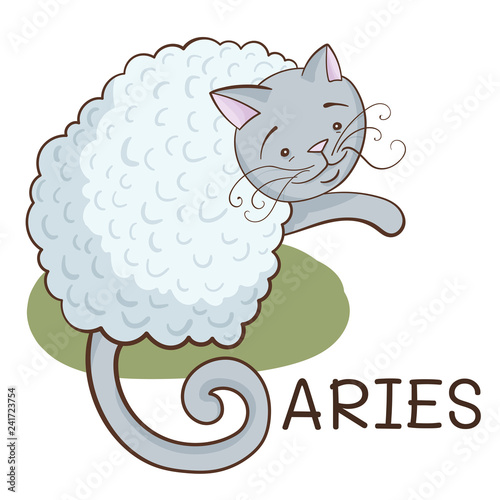 Aries zodiac; cartoon cat stylized as aries zodiac; curly cat illustration; vector illustration EPS10
