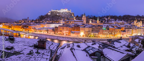 Salzburg winter panorama at christmas time, old city and rooftops in the evening, Austria