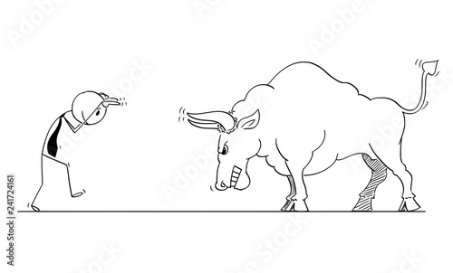 Canvas Print Cartoon stick man drawing conceptual illustration of businessman provoking big bull as rising market prices symbol