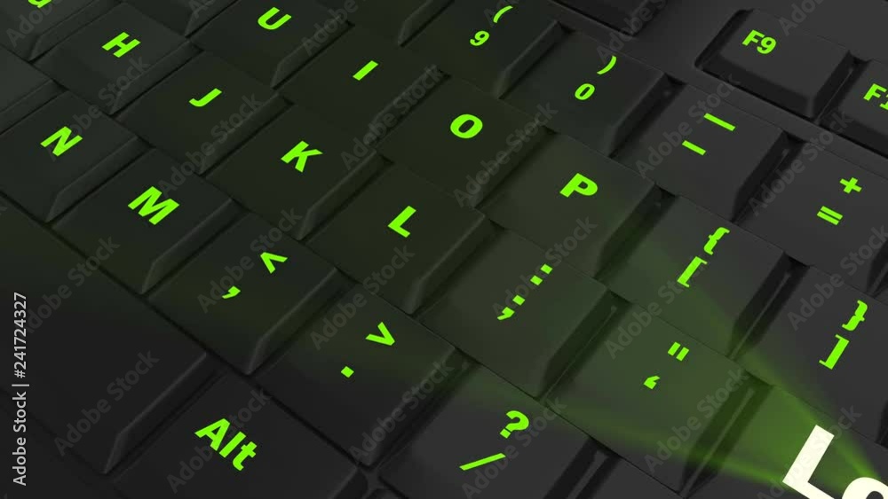 pointing the camera on green glowing Loan key on black computer keyboard