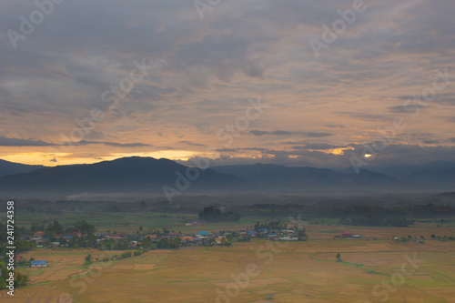 Sunrise with twilight from Nan province  Thailand. Sky  mountain soft and blur background.