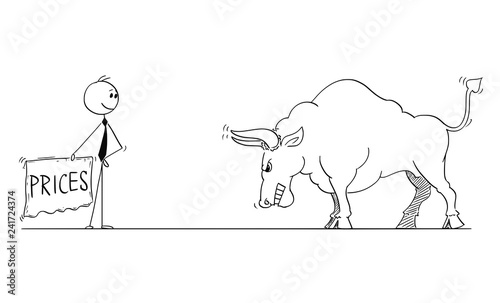 Cartoon stick man drawing conceptual illustration of businessman bullfighter or matador provoking big bull as rising market prices symbol with red cloth or muleta.
