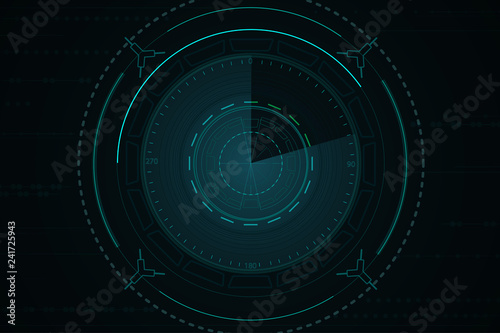 Digital blue vector radar with targets on monitor in searching. Futuristic interface hud design. Military search system. Vector illustration.