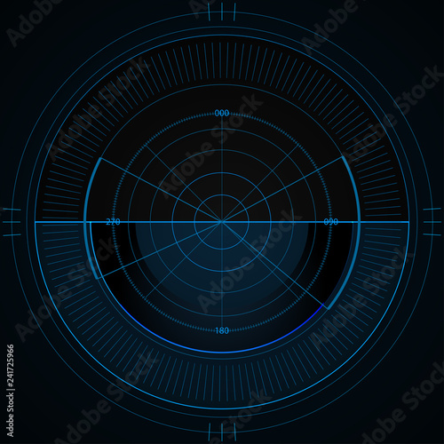 Digital blue vector radar with targets on monitor in searching. Futuristic interface hud design. Military search system. Vector illustration.