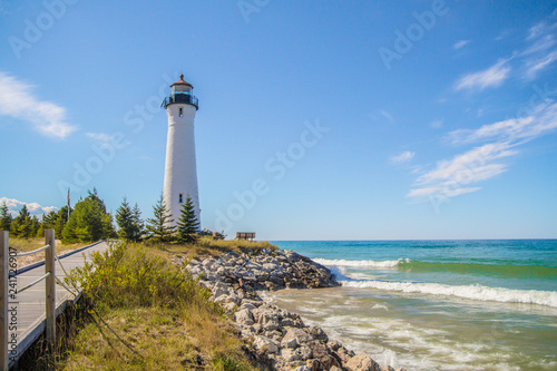 Classic Great Lakes Lighthouse. Crisp Point Lighthouse on the remote shores of Lake Superior in the Upper Peninsula of Michigan.