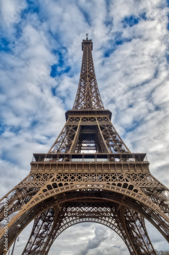 Wide shot of Eiffel Tower with dramatic sky in winter - Paris, France