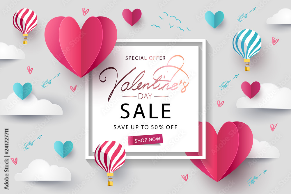 Happy Valentines Day Sale background. Banner, poster or flyer design with flying Origami Hearts over clouds with air balloons in the sky. Paper art, digital craft style. Vector illustration - obrazy, fototapety, plakaty 