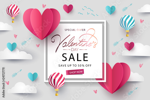 Happy Valentines Day Sale background. Banner, poster or flyer design with flying Origami Hearts over clouds with air balloons in the sky. Paper art, digital craft style. Vector illustration