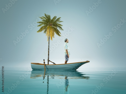 Young man and a palm tree standing in a boat, in the middle of ocean