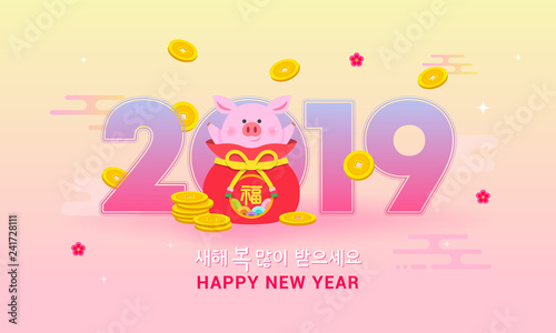 Seollal (Korean New Year) vector illustration, 2019 with pig in fortune bag and gold coins. Korean Translation: " Happy New Year ", The words on bag is well-being