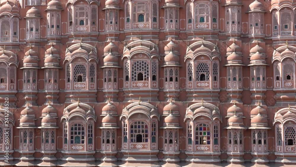 Hawa Mahal, pink palace of winds in old city Jaipur, Rajasthan, India, establishing shot. Background of indian architecture, close up Hawa Mahal, pink palace of winds in old city Jaipur, Rajasthan, India, establishing shot. Background of indian architecture, close up