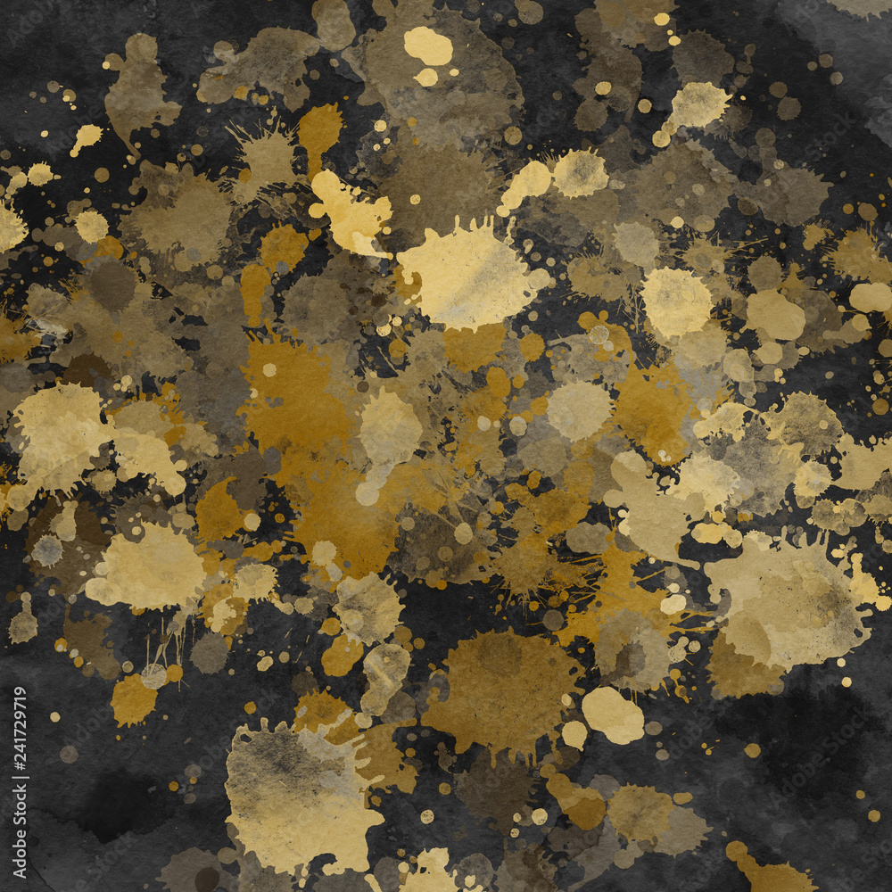Isolated artistic gold watercolor and ink paint splatter textures and decorative elements on white paper background. Isolated artistic gold watercolor and ink paint splatter textures and decorative elements on white paper background.