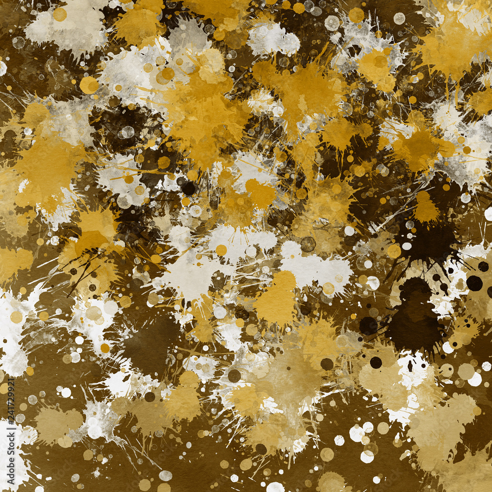 Isolated artistic gold watercolor and ink paint splatter textures and decorative elements on white paper background.