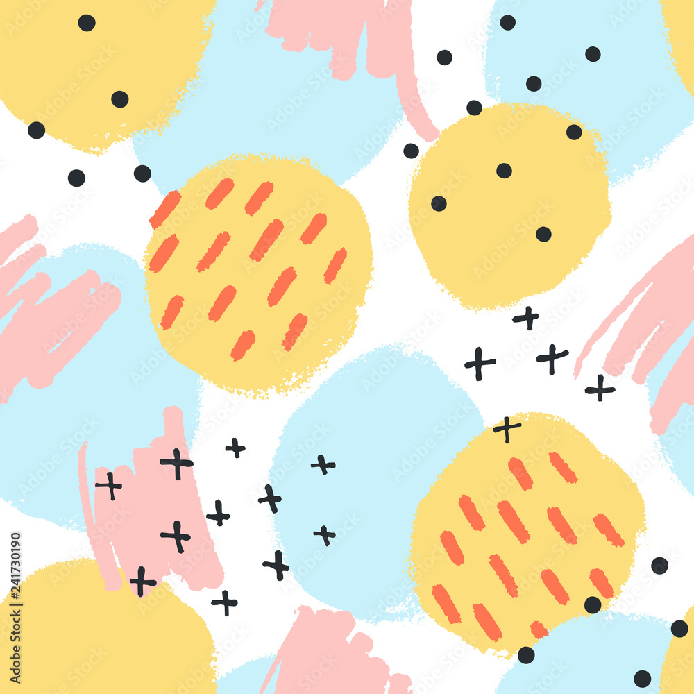 Vector Abstract background with hand drawn textures, memphis style. Universal card, pastel colors. Retro design, fashion art.