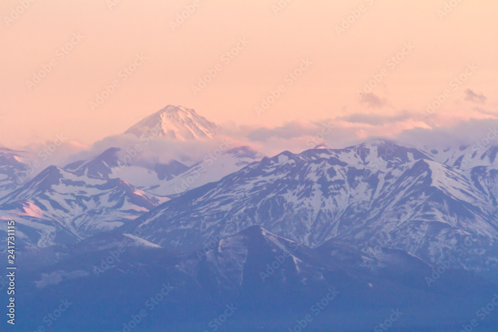 View of the Vilyuchensky volcano in sunrise, Kamchatka Peninsula, Russia