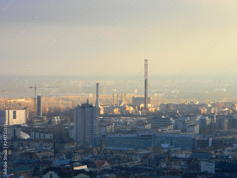 Aerial view from Gellert hill of industrial area in Budapest's outskirts under low visibility conditions 