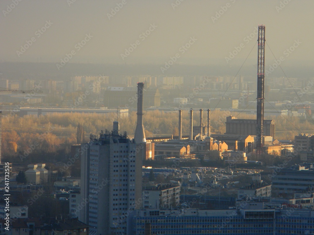 View of industrial area under heavy smog at Budapest, Hungary: aerial shot from Gellert hill