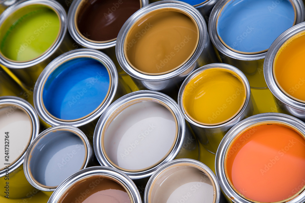 Fototapeta premium Colours paint can, yellow background