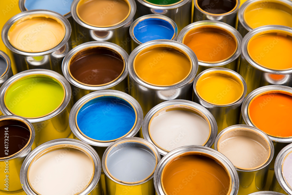 Paint cans color palette, yellow background Paint cans color palette, yellow background