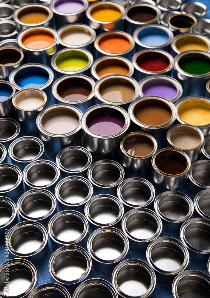 Collection of colored paints cans Collection of colored paints cans
