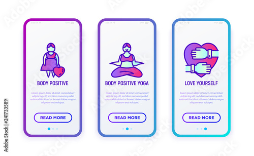 Body positive thin line icons set: woman plus size, yoga,love yourself. Vector illustration for user mobile interface.