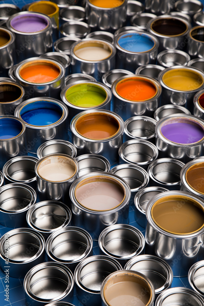 Collection of colored paints cans Collection of colored paints cans