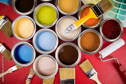 Fototapeta Naklejka Na Ścianę i Meble -  Brush, Paint cans palette, red background