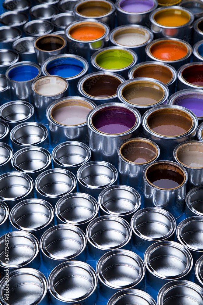 Collection of colored paints cans Collection of colored paints cans