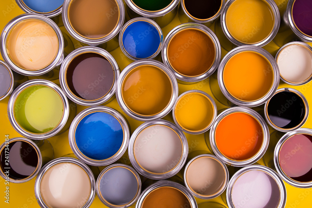 Colours paint can, yellow background