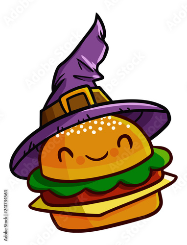 Cute and funny hamburger wearing witch hat for Halloween - vector.
