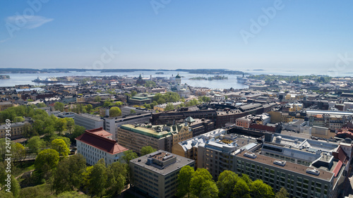 Aerial view of capital city of Finland. Beautiful blue sky in the sunny spring day.