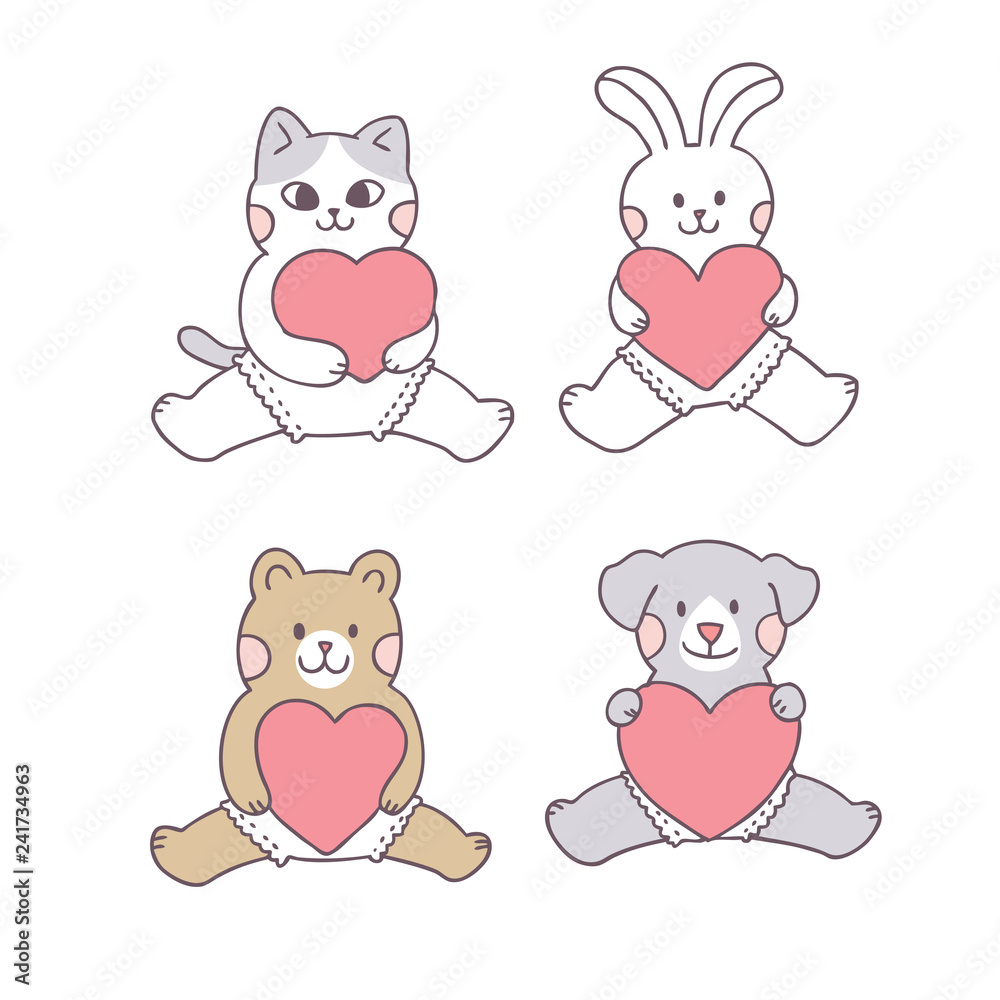 Cartoon cute Valentines day baby animals and love vector.
