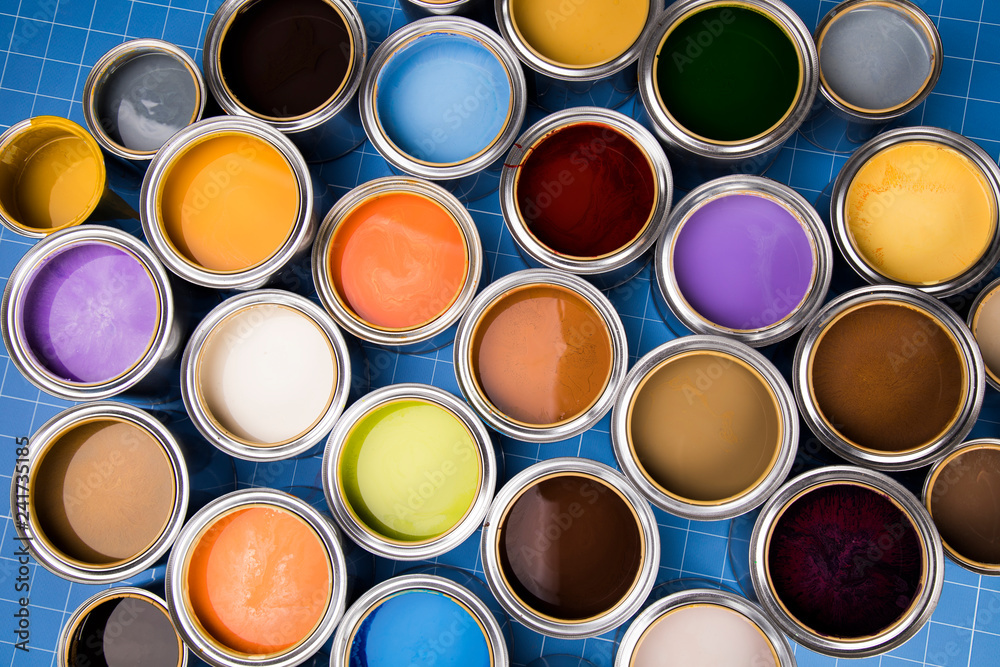 Metal cans with color paint. Metal cans with color paint.