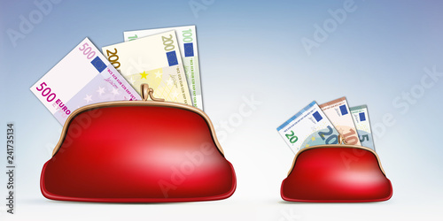 Concept du pouvoir d’achat en opposant la richesse à la pauvreté, avec la différence entre un porte-monnaie rempli de billets de 500 euros et un autre avec un billet de 10 euros.