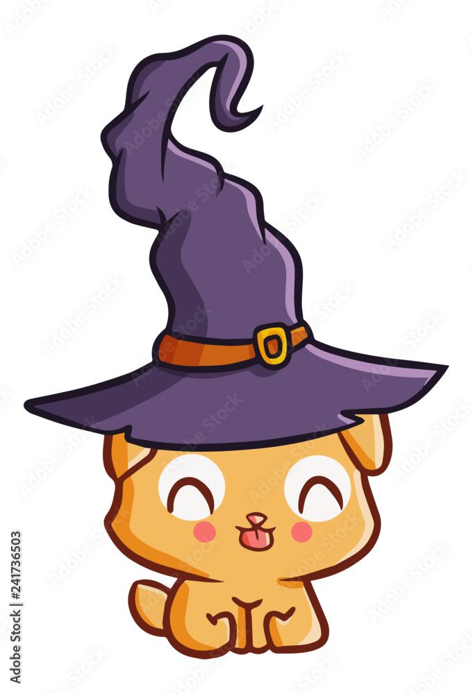 Cute and funny smiling dog wearing witch hat for Halloween - vector. Cute and funny smiling dog wearing witch hat for Halloween - vector.