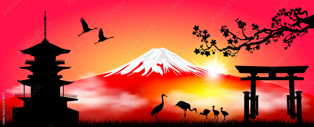 Mount Fuji in the morning at sunrise - obrazy, fototapety, plakaty 