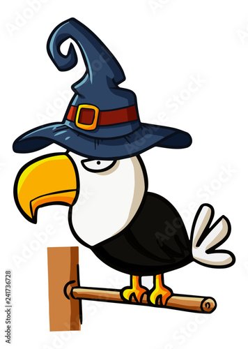 Funny and scary eagle wearing witch hat for Halloween - vector.