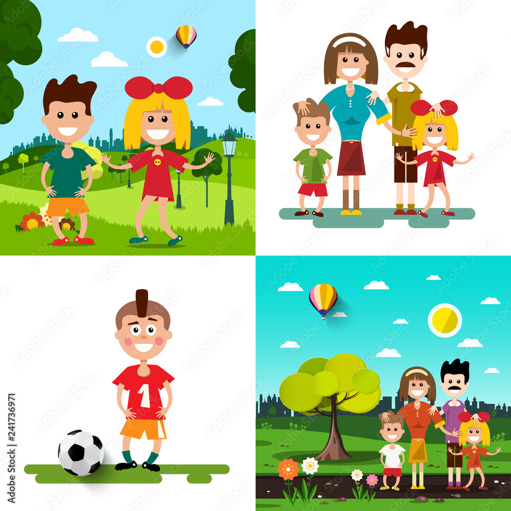 Family with Kids Vector Illustration Set