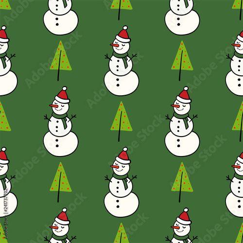 Vector winter pattern for decoration design with snowman and Christmas tree. Happy new year background decoration