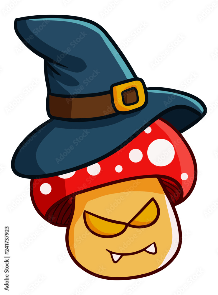 Funny and scary mushroon wearing witch hat for Halloween - vector.